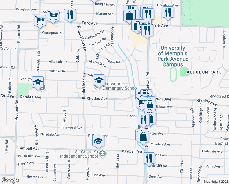 map of restaurants, bars, coffee shops, grocery stores, and more near 3807 Maid Marian Lane in Memphis