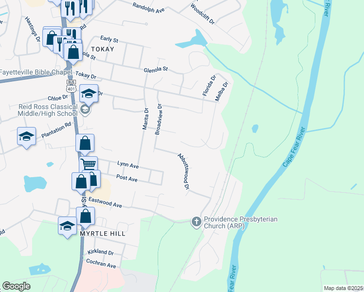 map of restaurants, bars, coffee shops, grocery stores, and more near 3214 Melba Drive in Fayetteville