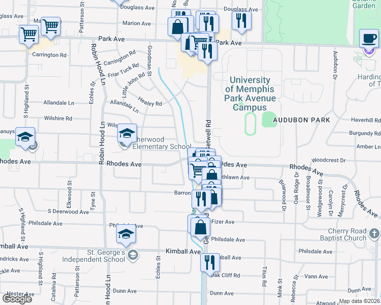 map of restaurants, bars, coffee shops, grocery stores, and more near 3916 Rhodes Avenue in Memphis