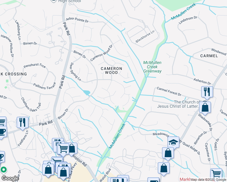 map of restaurants, bars, coffee shops, grocery stores, and more near 3210 Silver Pond Court in Charlotte