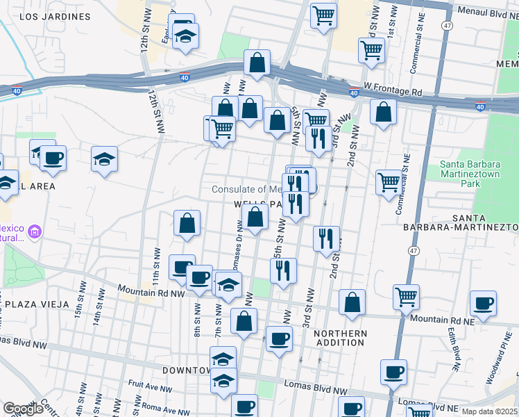 map of restaurants, bars, coffee shops, grocery stores, and more near 600 Bellamah Avenue Northwest in Albuquerque