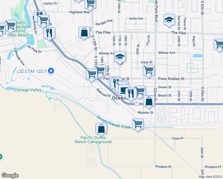 map of restaurants, bars, coffee shops, grocery stores, and more near 1827 Front Street in Oceano