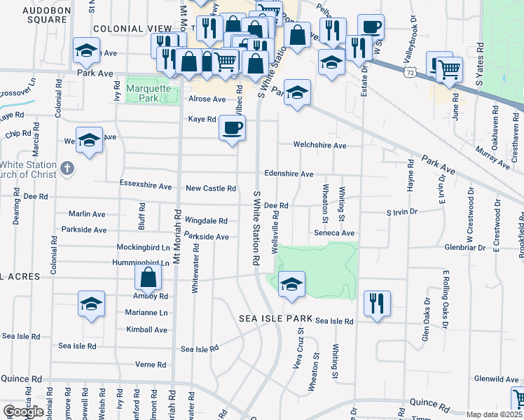 map of restaurants, bars, coffee shops, grocery stores, and more near 1168 South White Station Road in Memphis