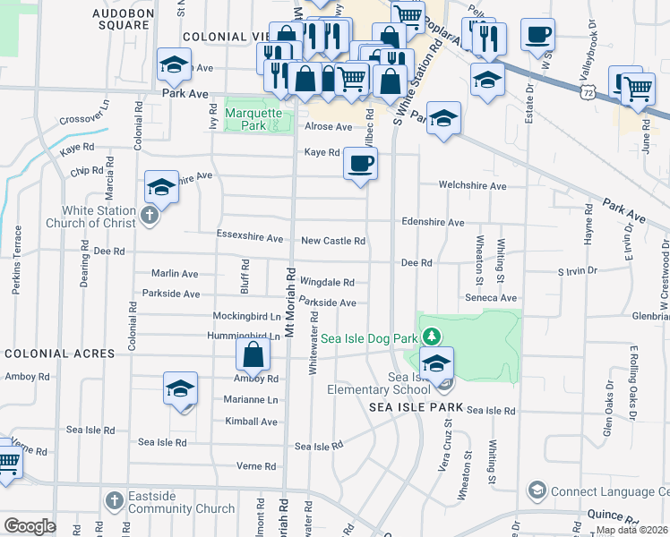 map of restaurants, bars, coffee shops, grocery stores, and more near 5051 Dee Road in Memphis