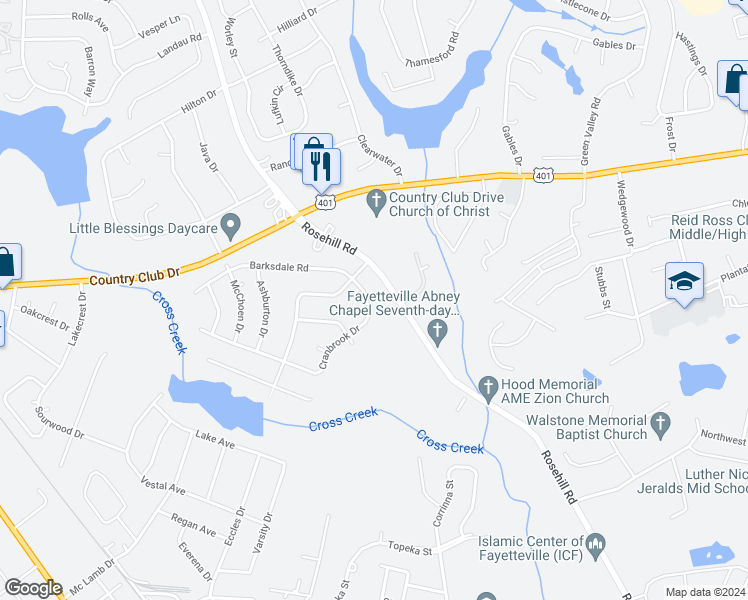 map of restaurants, bars, coffee shops, grocery stores, and more near 3612 Cranbrook Drive in Fayetteville