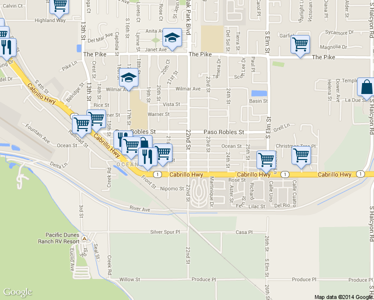 map of restaurants, bars, coffee shops, grocery stores, and more near 2196 Ocean Street in Oceano