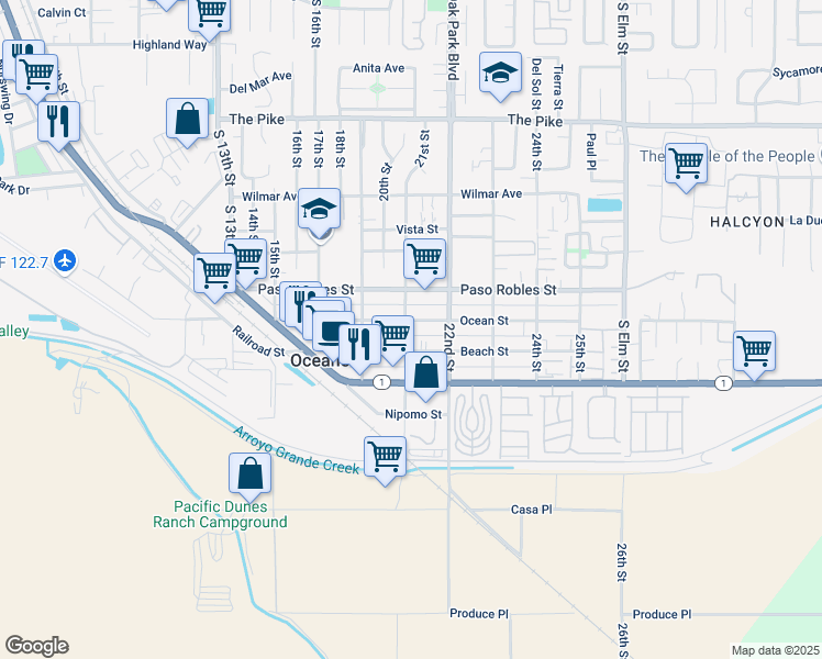 map of restaurants, bars, coffee shops, grocery stores, and more near 1845 21st Street in Oceano