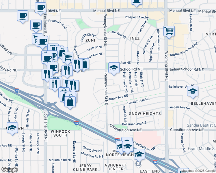 map of restaurants, bars, coffee shops, grocery stores, and more near 1610 Pennsylvania Street Northeast in Albuquerque