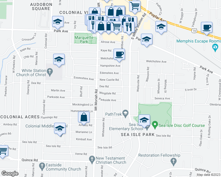 map of restaurants, bars, coffee shops, grocery stores, and more near 5051 Dee Road in Memphis
