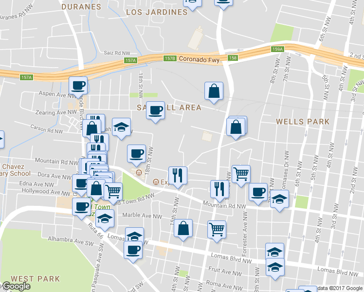 map of restaurants, bars, coffee shops, grocery stores, and more near 1406 15th Street Northwest in Albuquerque