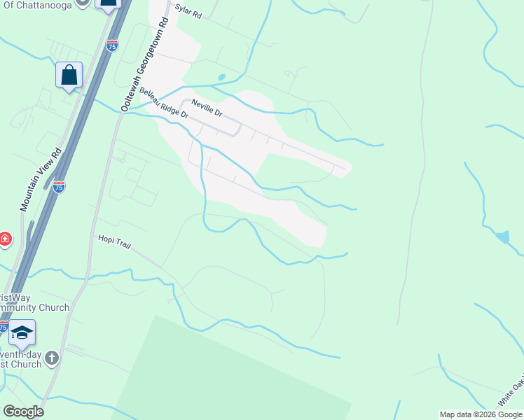 map of restaurants, bars, coffee shops, grocery stores, and more near 6501 Hideaway Road in Ooltewah