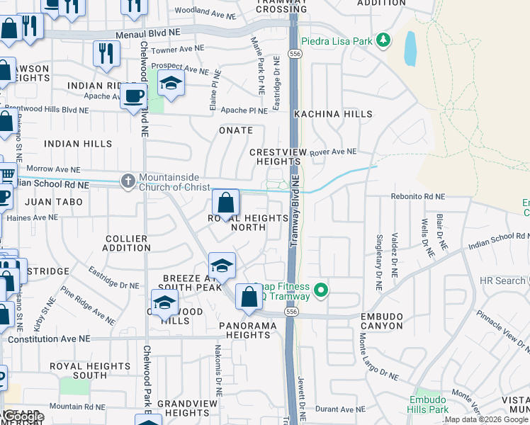map of restaurants, bars, coffee shops, grocery stores, and more near 1705 Robert Dale Drive Northeast in Albuquerque
