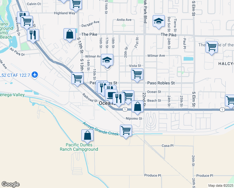 map of restaurants, bars, coffee shops, grocery stores, and more near in Oceano
