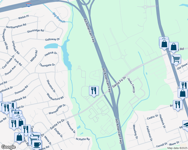 map of restaurants, bars, coffee shops, grocery stores, and more near Santa Fe Drive in Fayetteville