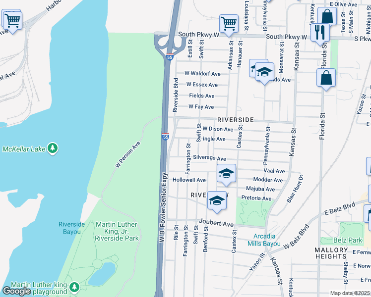 map of restaurants, bars, coffee shops, grocery stores, and more near 1744 Rile Street in Memphis