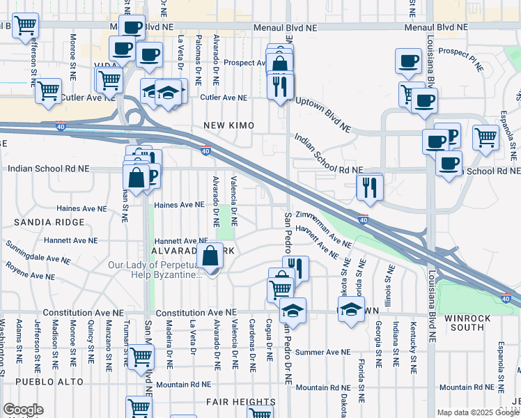 map of restaurants, bars, coffee shops, grocery stores, and more near 2026 Cardenas Drive Northeast in Albuquerque