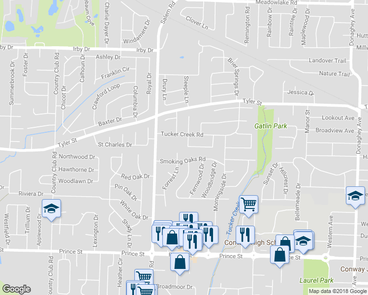 map of restaurants, bars, coffee shops, grocery stores, and more near 25 Sandstone Drive in Conway