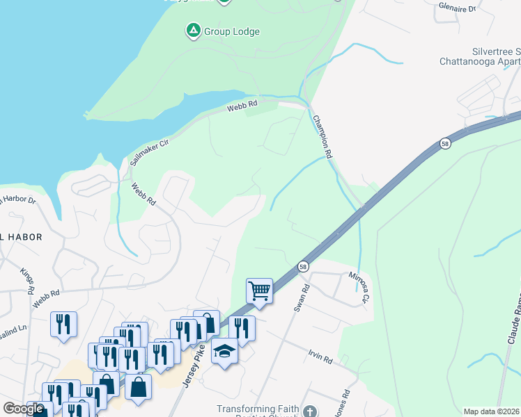 map of restaurants, bars, coffee shops, grocery stores, and more near 4560 Webb Road in Chattanooga