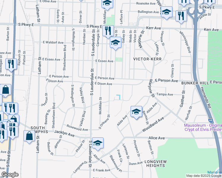 map of restaurants, bars, coffee shops, grocery stores, and more near 1726 South Orleans Street in Memphis