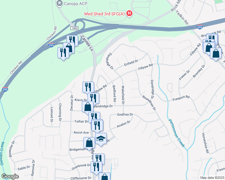 map of restaurants, bars, coffee shops, grocery stores, and more near 631 Bedford Road in Fayetteville