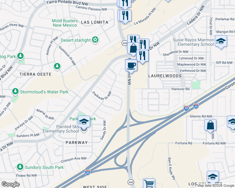 map of restaurants, bars, coffee shops, grocery stores, and more near 1408 Somerset Drive Northwest in Albuquerque