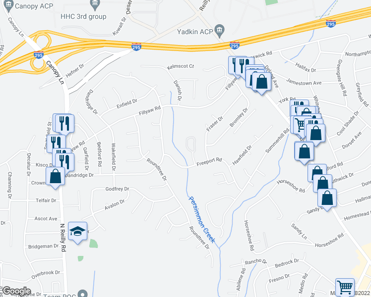 map of restaurants, bars, coffee shops, grocery stores, and more near 724 Windy Hill Circle in Fayetteville