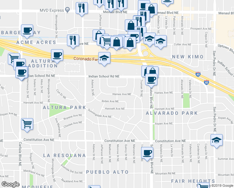 map of restaurants, bars, coffee shops, grocery stores, and more near Haines Ave NE & Mock Pl NE in Albuquerque