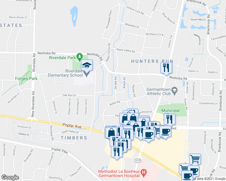 map of restaurants, bars, coffee shops, grocery stores, and more near 1801 Old Mill Rd in Memphis