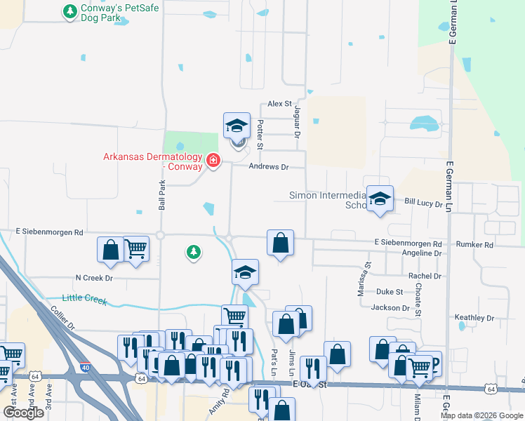 map of restaurants, bars, coffee shops, grocery stores, and more near 1255 Dan Rose Drive in Conway