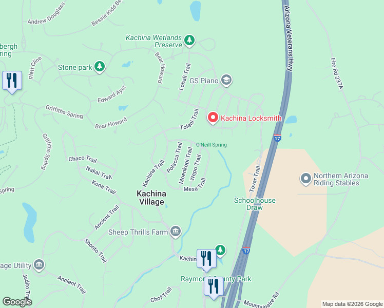 map of restaurants, bars, coffee shops, grocery stores, and more near 750 Polacca Trail in Flagstaff