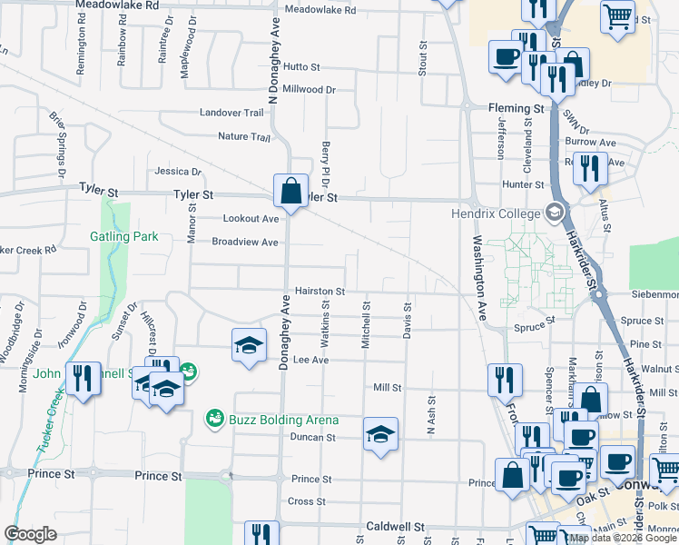 map of restaurants, bars, coffee shops, grocery stores, and more near 1901 Arkansas Avenue in Conway
