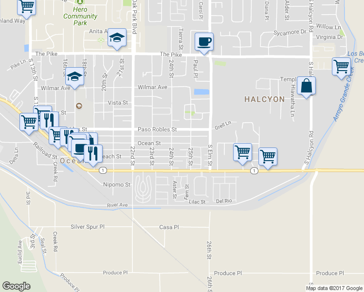 map of restaurants, bars, coffee shops, grocery stores, and more near 2460 Ocean Street in Oceano