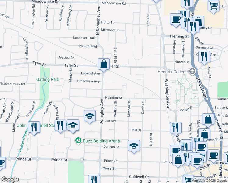 map of restaurants, bars, coffee shops, grocery stores, and more near 1901 Arkansas Avenue in Conway