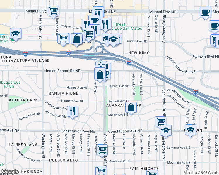 map of restaurants, bars, coffee shops, grocery stores, and more near 2037 Madeira Drive Northeast in Albuquerque
