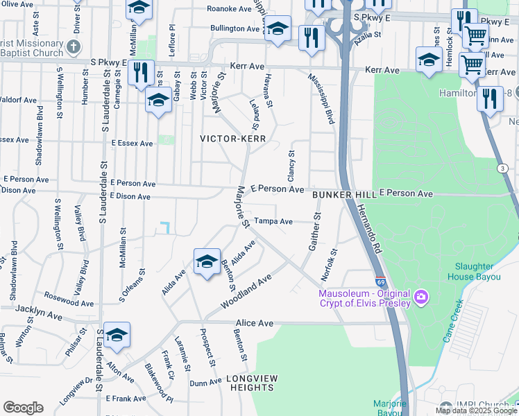 map of restaurants, bars, coffee shops, grocery stores, and more near 849 Shamrock Alley in Memphis