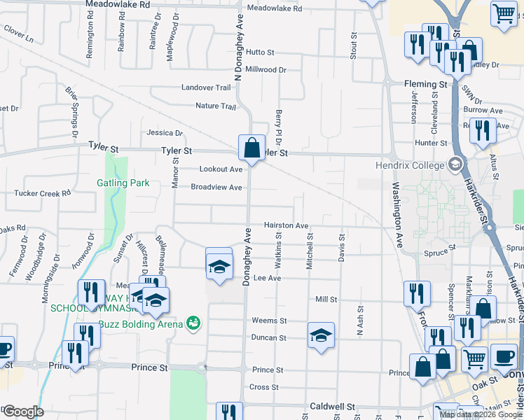 map of restaurants, bars, coffee shops, grocery stores, and more near 2021 Arkansas Avenue in Conway