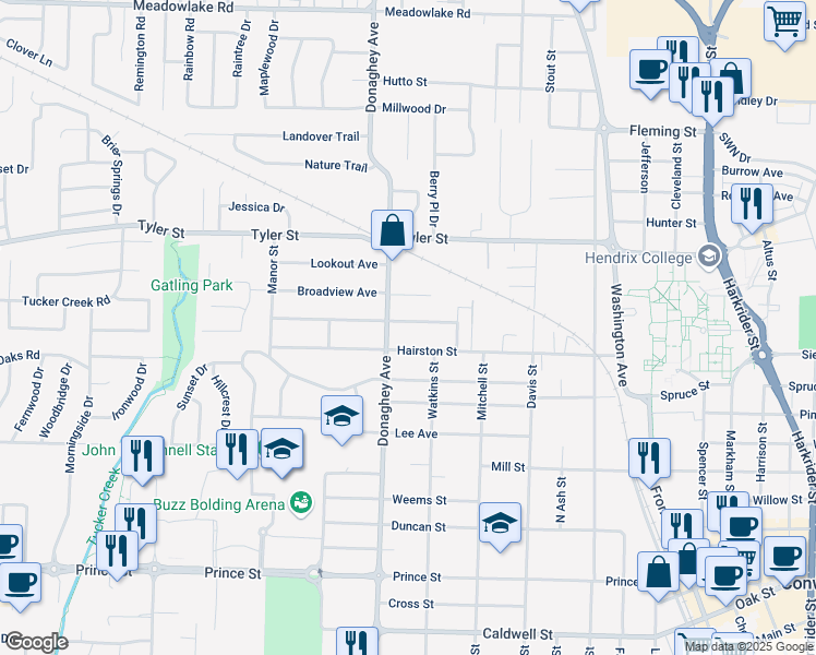 map of restaurants, bars, coffee shops, grocery stores, and more near 2021 Arkansas Avenue in Conway