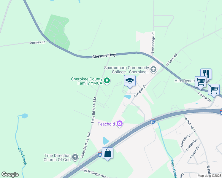 map of restaurants, bars, coffee shops, grocery stores, and more near 212 Stonecrest Lane in Gaffney