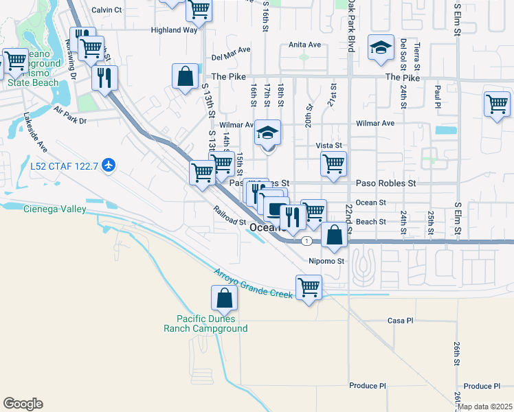 map of restaurants, bars, coffee shops, grocery stores, and more near 1827 Front Street in Oceano