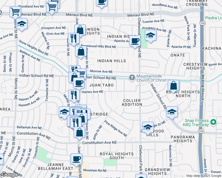 map of restaurants, bars, coffee shops, grocery stores, and more near 1704 Zena Lona Street Northeast in Albuquerque