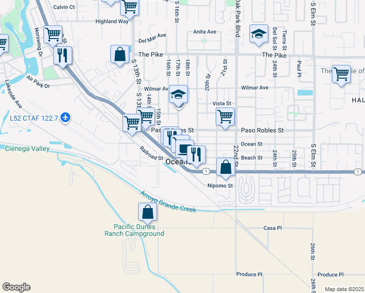map of restaurants, bars, coffee shops, grocery stores, and more near 1740 Ocean Street in Oceano