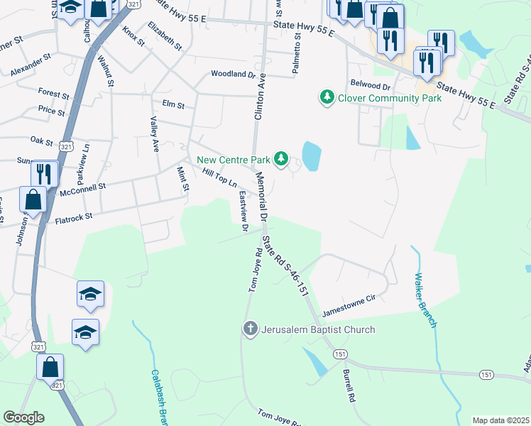 map of restaurants, bars, coffee shops, grocery stores, and more near 501 Memorial Drive in Clover