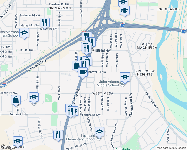 map of restaurants, bars, coffee shops, grocery stores, and more near 1215 Dolores Drive Northwest in Albuquerque