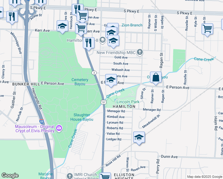 map of restaurants, bars, coffee shops, grocery stores, and more near 1363 East Person Avenue in Memphis
