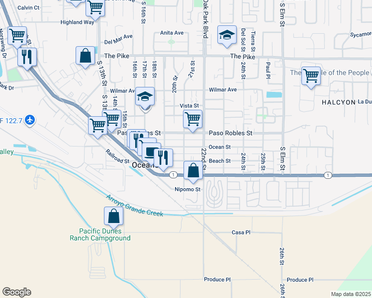 map of restaurants, bars, coffee shops, grocery stores, and more near 2110 Ocean Street in Oceano