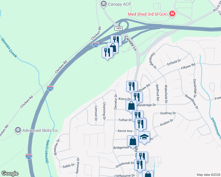 map of restaurants, bars, coffee shops, grocery stores, and more near 7518 Seaton Place in Fayetteville