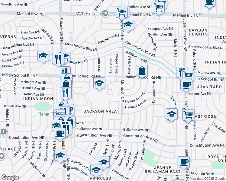 map of restaurants, bars, coffee shops, grocery stores, and more near 39 Westlake Drive Northeast in Albuquerque