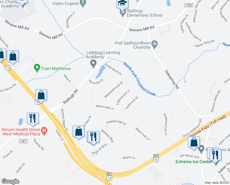 map of restaurants, bars, coffee shops, grocery stores, and more near 318 Meadowbrook Drive in Matthews