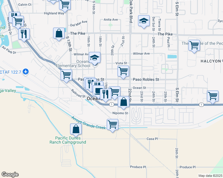 map of restaurants, bars, coffee shops, grocery stores, and more near in Oceano