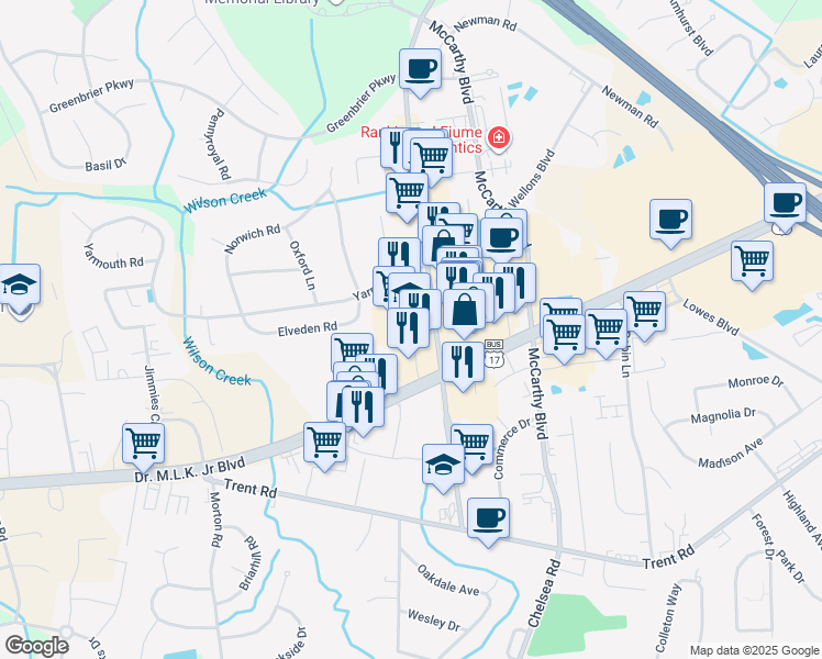 map of restaurants, bars, coffee shops, grocery stores, and more near in New Bern